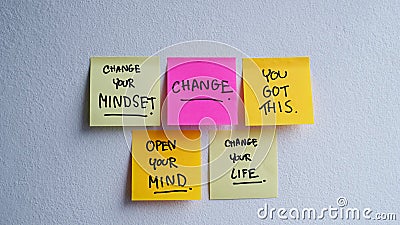 Motivational Inspirational Positive Quotes Phrases Handwriting on a sticky note Stock Photo