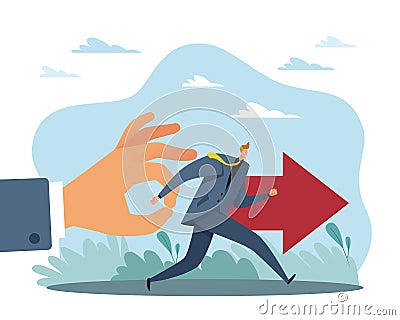 Motivational push, big step. Businessman goal achieve, successful new start, career achievements strategy, manager Vector Illustration