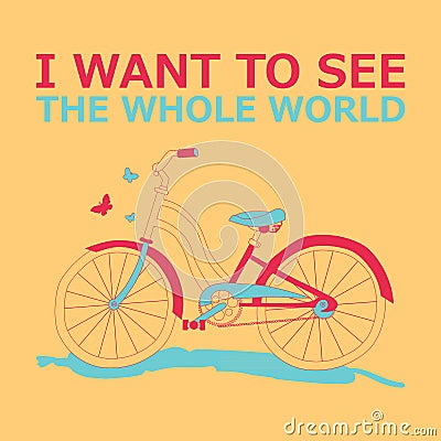 Motivational travel poster with bike. Cartoon Illustration