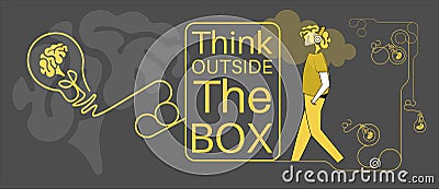 Motivational Typographic Quote - Think Outside The Box concept Vector Typographic Design with lightbulb and brain logos Stock Photo