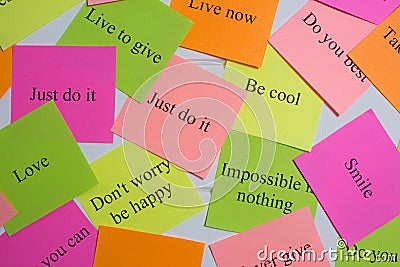 Motivational words on colorful stickers on white background. A vision Board. Cards with words. Affirmation, development, training Stock Photo