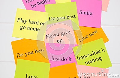 Motivational words on colorful stickers on white background. A vision Board. Cards with words. Affirmation, development, training Stock Photo