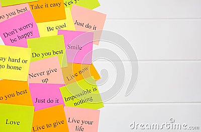 Motivational words on colorful stickers on white background. A vision Board. Copy space. Cards with words. Affirmation, Stock Photo