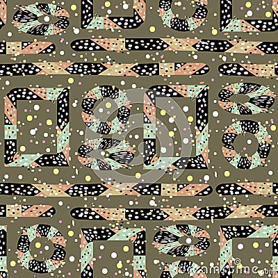 Motley African style vector seamless pattern. Bright multi-colored geometric shapes and dots on khaki green background. Festive Vector Illustration