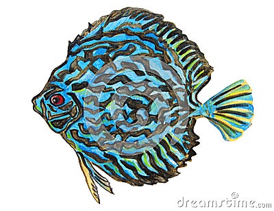 Motley blue fish painted in watercolor. Stock Photo