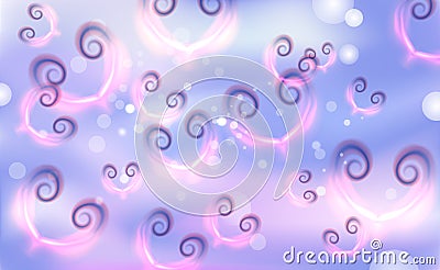 Motley blurs for Valentines day, chaotic background pink hearts. Love symbol soft pastel light purple, ultraviolet tones. Bokeh Vector Illustration