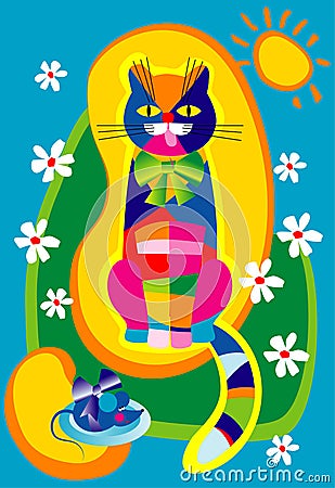 Motley cat and a blue mouse Vector Illustration