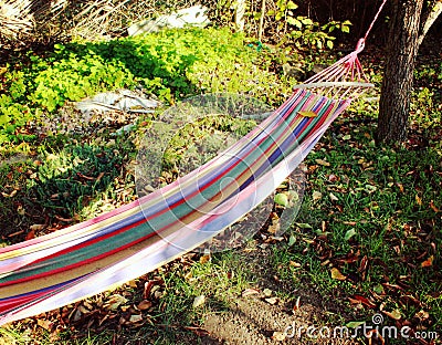 motley multi-colored hammock in the garden Stock Photo
