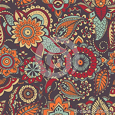 Motley oriental paisley seamless pattern with colorful buta motif and mehndi elements on dark background. Bright colored Vector Illustration