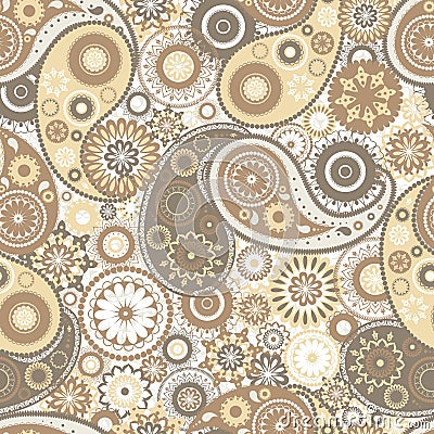 Motley paisley seamless pattern with folk buta motif. Backdrop with yellow and brown mehndi elements on white background Vector Illustration