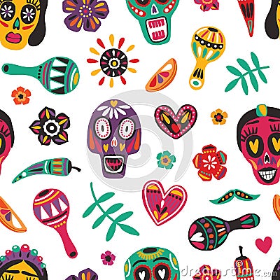 Motley seamless pattern with Mexican sugar skulls, Catrina`s face, flowers, maracas on white background. Day of The Dead Vector Illustration