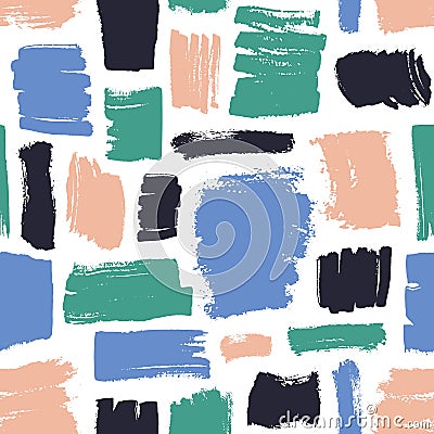 Motley seamless pattern with pink, black, blue and green brush strokes on white background. Modern backdrop with paint Vector Illustration