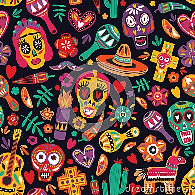 Motley seamless pattern with traditional Mexican Dia de los Muertos decorations on black background. Holiday backdrop Vector Illustration