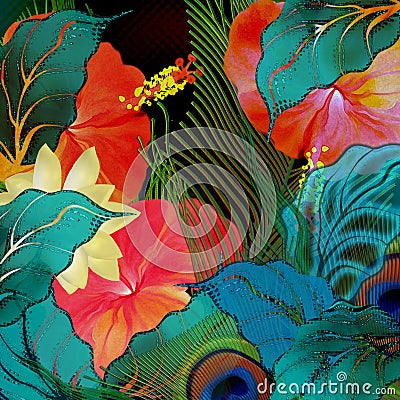 Motley tropical summer floral background Stock Photo