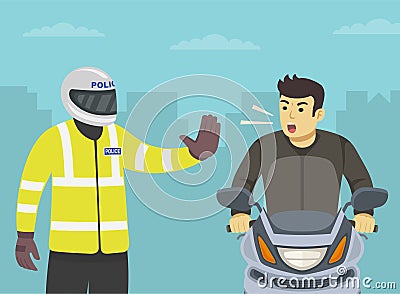 Moto patrol officer makes a stop gesture with his hand. Angry male motorcycle rider yelling at police. Vector Illustration