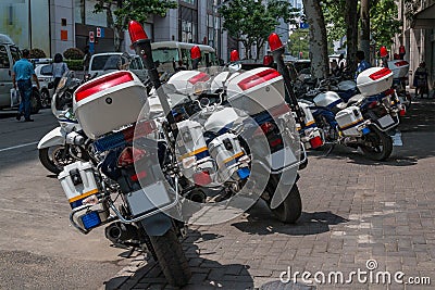 Motobikes of the Chinese police in the streets of Shanghai Editorial Stock Photo