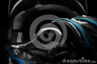 Motocross helmet and gloves. Stock Photo