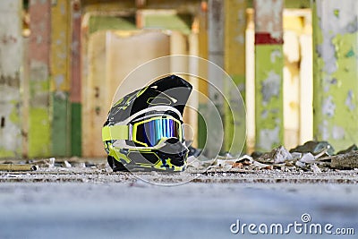 Motocross helmet in a old hall Stock Photo