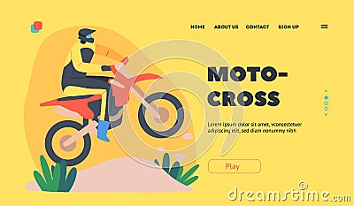 Motocross Landing Page Template. Man Motorcycle Rider Extreme Activity, Competition. Speed Racing Rally, Biker Character Vector Illustration