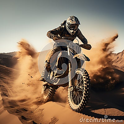 Motocross rider on a desert race, extreme sport, rear view Stock Photo