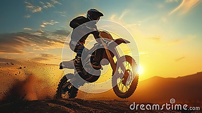 A Motocross Silhouette Soaring, Front Wheel Up, in a Display of Daring and Adventure Stock Photo