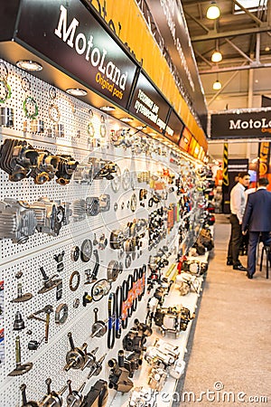Motopark-2015 (BikePark-2015). The exhibition stand of MotoLand. The stand with spare parts. Editorial Stock Photo