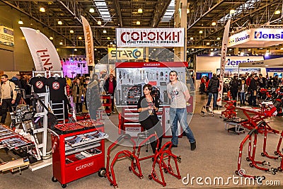 Motopark-2015 (BikePark-2015). The exhibition stand of the shop of tools Sorokin. Editorial Stock Photo