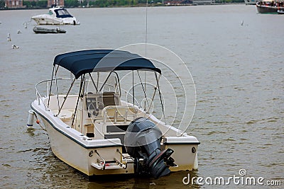 Motor boat floats on the river Stock Photo