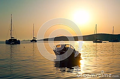 A motor boat at Paros road-stead Stock Photo