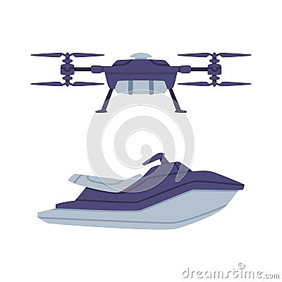 Motor Boat and Quadcopter as SWAT or Rescue Vehicle and Police Tactical Unit Vector Set Vector Illustration