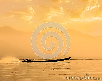 Motor boat silhouette on Inle lake Editorial Stock Photo