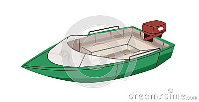 Motor boat, water transport. Small motorboat, plastic lifeboat. Sea and river vessel with seats, engine. Powerboat Vector Illustration