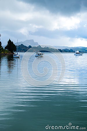 Motor boats and a sailing yacht anchored in Whangaroa Harbour, F Stock Photo