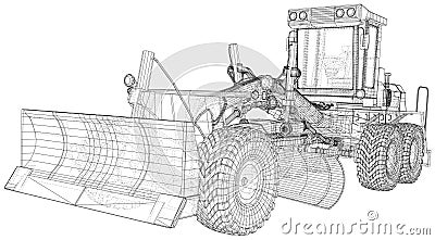 Motor grader. Vector Wire-frame excavator on background. Vector rendering of 3d Vector Illustration