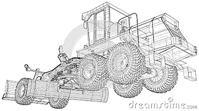 Motor grader.. Vector Wire-frame isolated excavator on background. Vector rendering of 3d Vector Illustration