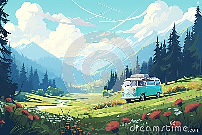 motor home in green meadow against mountaines and blue sky Stock Photo