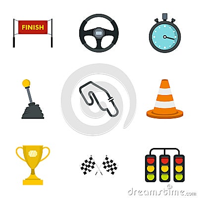 Motor race icons set, flat style Vector Illustration