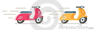 Motor scooter flat moving icon vector graphic illustration set, red yellow trip simple motorcycle moped quick speed traveling side Vector Illustration