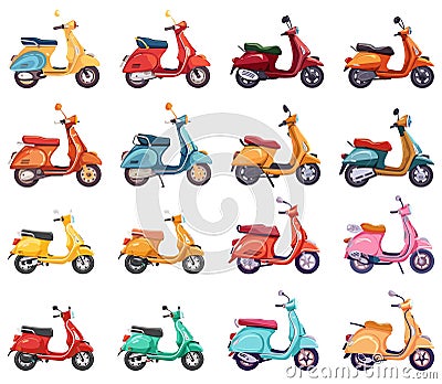 Motor scooters side view set in cartoon style. Retro scooter objects, vintage italian city delivery motors bikes objects Vector Illustration