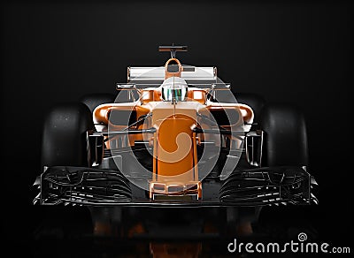 Motor sports competitive team racing. Sleek generic orange race car and driver with front view perspective Stock Photo