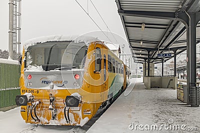 Motor trains near snowy platform and tunnel in Olbramovice CZ 12 02 2023 Editorial Stock Photo