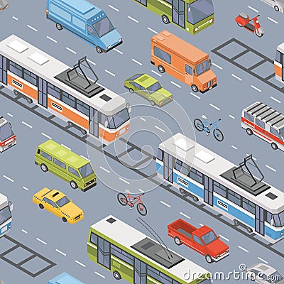 Motor vehicles of various types driving on road - car, scooter, bus, tram, trolleybus, minivan, pickup truck. Automobile Vector Illustration