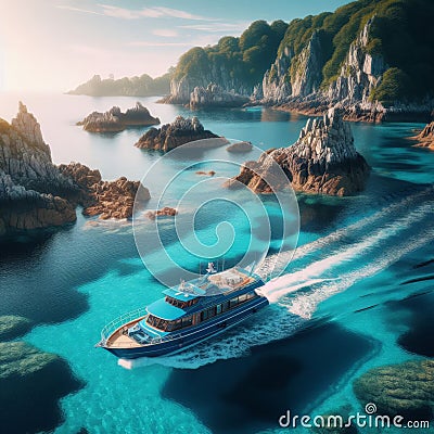 Motor yacht manoeuvres around crystal clear waters Stock Photo