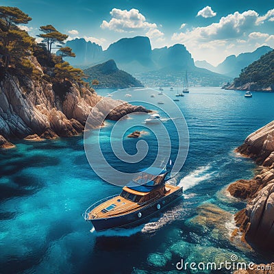 Motor yacht manoeuvres around crystal clear waters Stock Photo