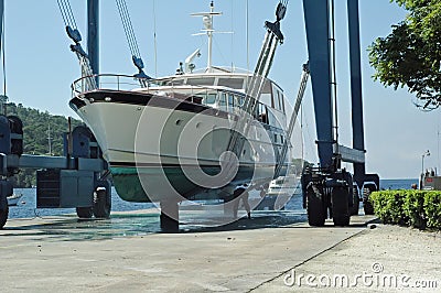 Motor yacht in sling Stock Photo