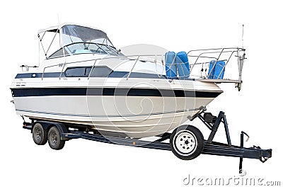 The motor yacht on the trailer for transportation Stock Photo