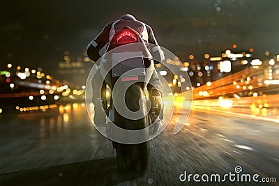 Motorbike drives through night city Stock Photo