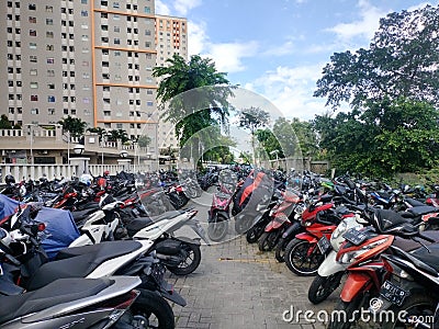 motorbike parking in an apartment in Jakarta Editorial Stock Photo