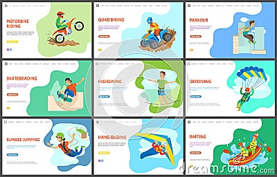 Motorbike and Quad Biking, Parkour and Rafting Vector Illustration