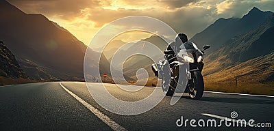 motorbike on the road riding. having fun driving the empty road on a motorcycle tour journey. copyspace for your Stock Photo